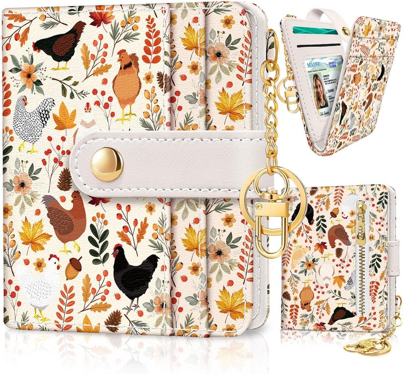 Jogjam Chicken Mushroom Leaves Rfid Women Wallet, Small Slim Thin Compact Credit Card Wallet, PU Leather Bifold Cash Wallet, Zipper Coin Pocket ID Window, Female Ladies Holiday Gifts - Image 1